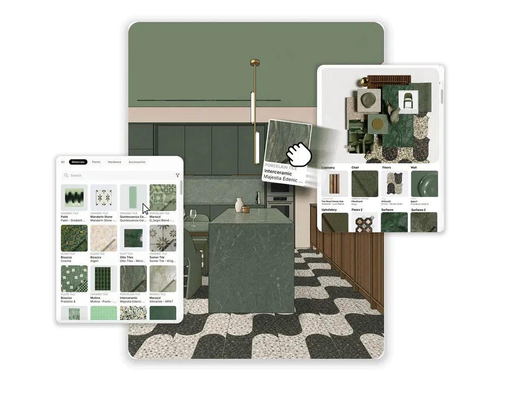 A SketchUp kitchen model with real materials applied from the MattoBoard library and its material board
