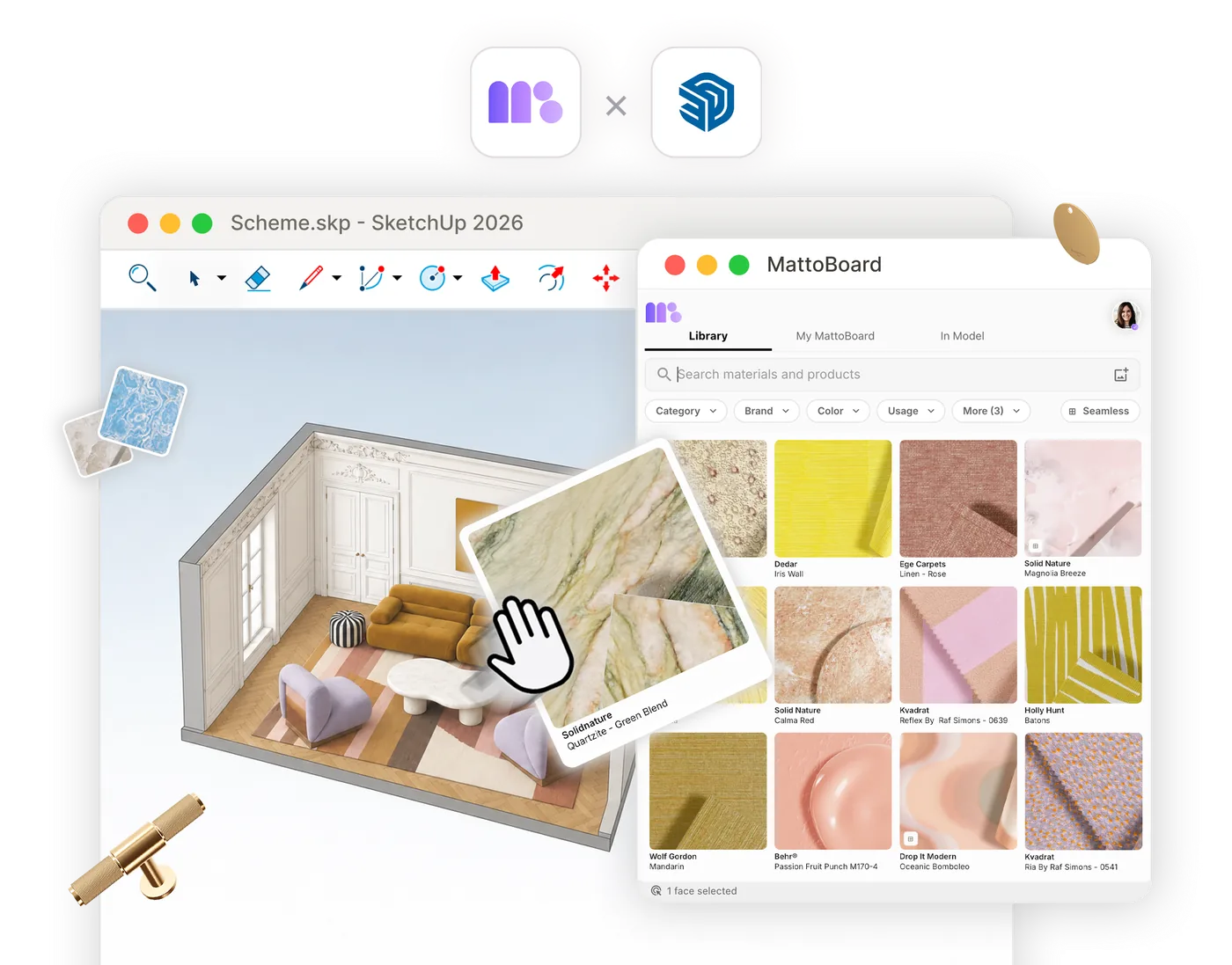 MattoBoard and SketchUp: the MattoBoard extension open beside a SketchUp model, applying a real quartzite to a selected face