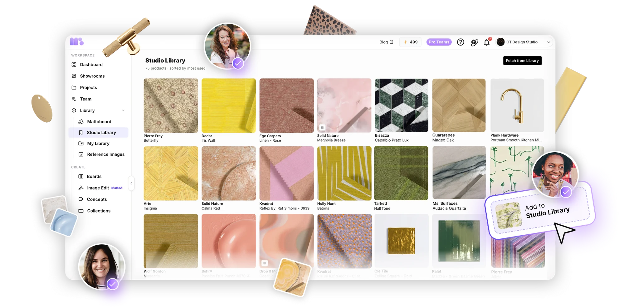 The Studio Library in MattoBoard: a studio's shared library of real materials and products, with team members adding items