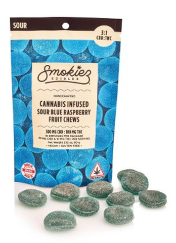 Sour Blue Raspberry CBD:THC 3:1 Fruit Chews - Smokiez - Edibles