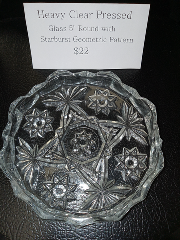 Ashtrays: - Heavy Clear Pressed Glass 5" Round W/Starburst Geometric Pattern
