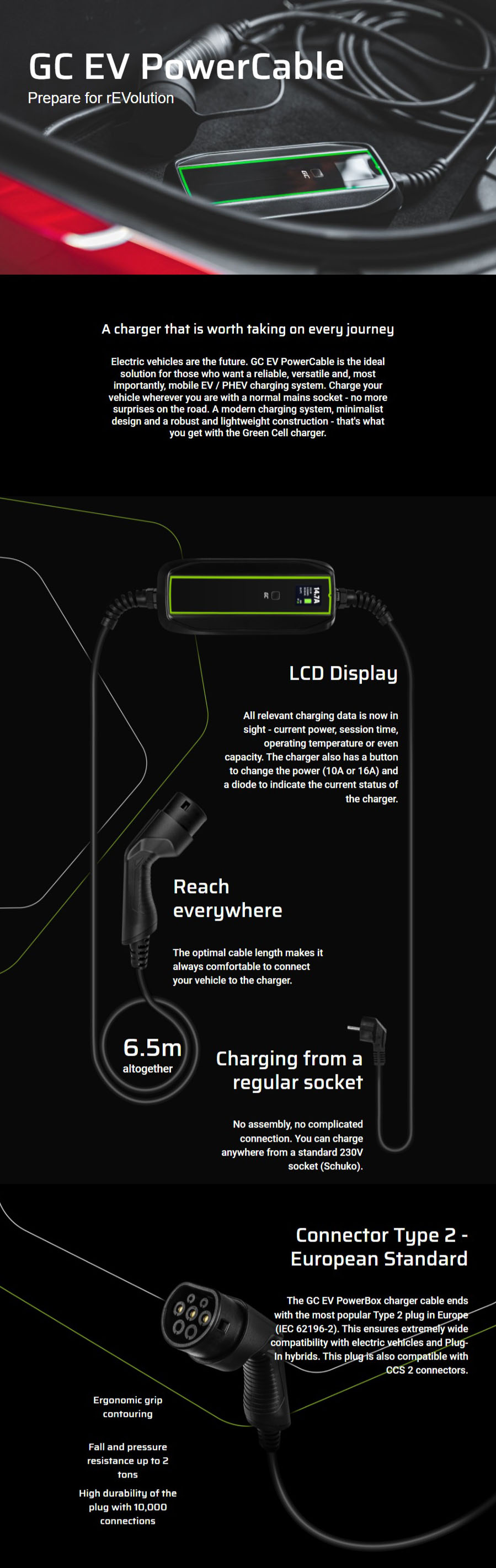 Chargeur GC EV PowerCable 3.6kW Schuko - Type 2 pour charge de EV PHEV