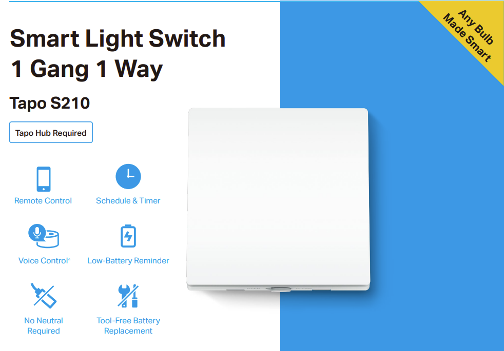 Tapo S210, Smart Light Switch, 1-Gang 1-Way