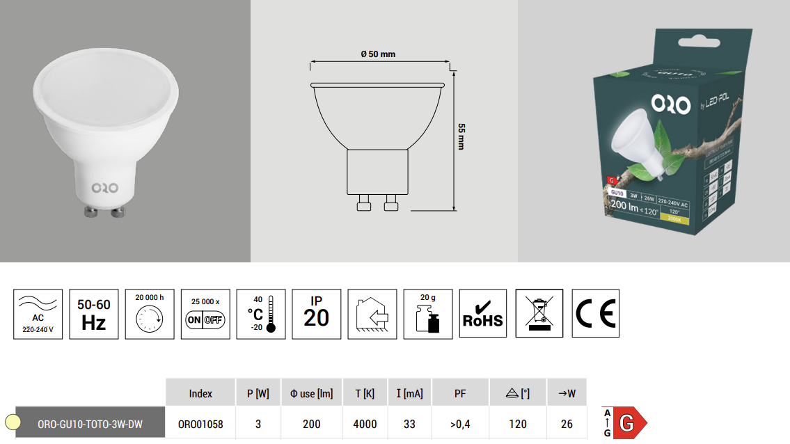 ORO-GU10-TOTO-3W-DW LED POL Lâmpada LED GU10 230V 3W 4000K (branco