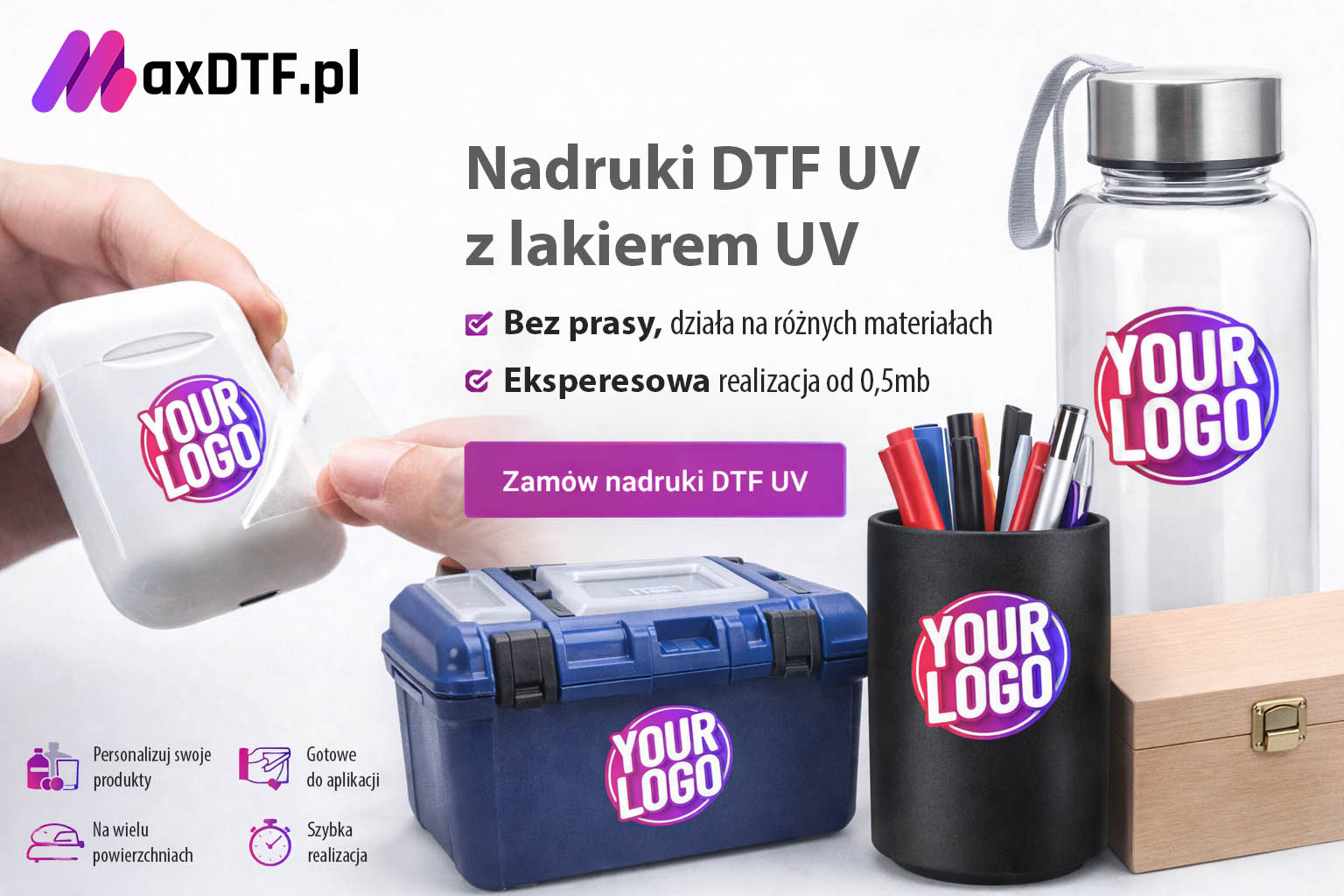 nadruk DTF UV aplikacja logo na różnych powierzchniach bez prasy maxdtf