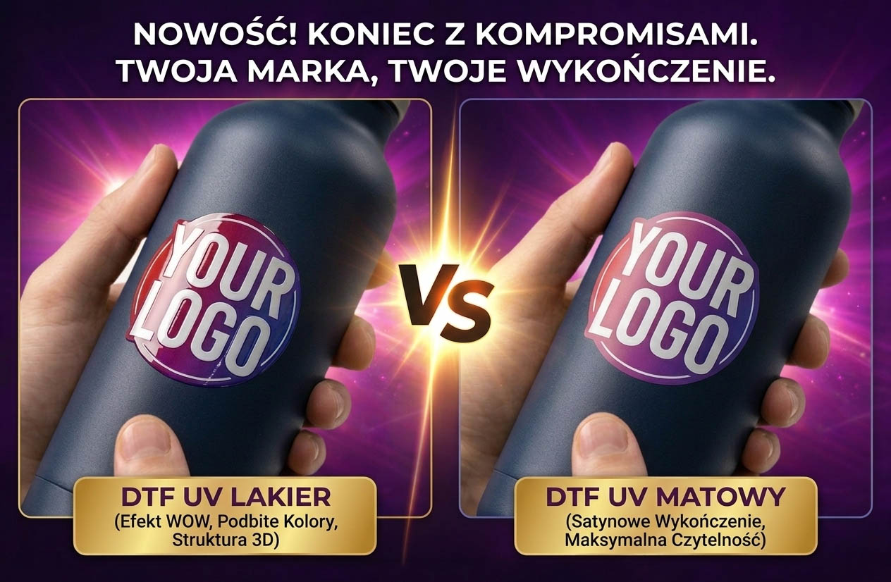 DTF UV z lakierem – efekt 3D, połysk i podbite kolory na butelce, porównanie z wersją matową