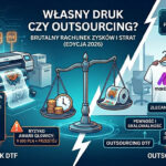 czy warto kupić drukarkę DTF? Infografika porównująca własny druk DTF z outsourcingiem. Po lewej koszty zakupu maszyny (CAPEX) i serwisu, po prawej zalety zlecania druku z logo maxDTF.pl na koszulce.