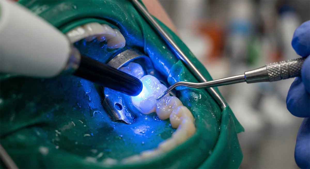 High-intensity LED curing light used for precision bonding of custom onlay restoration.
