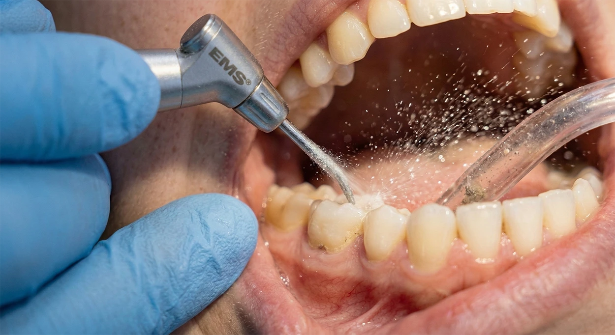 Airflow polishing handpiece delivering guided biofilm therapy for stain removal.