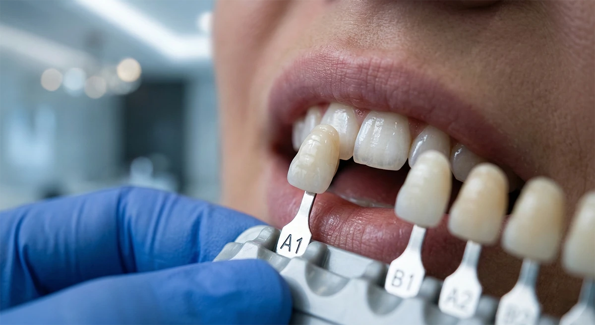 Precision shade matching during whitening review appointment.