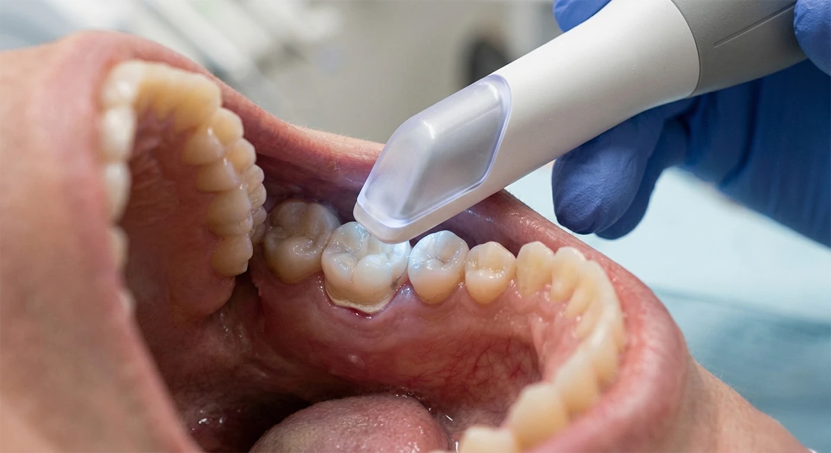 Advanced intraoral scanner capturing precise 3D digital impressions for custom bridge fabrication.