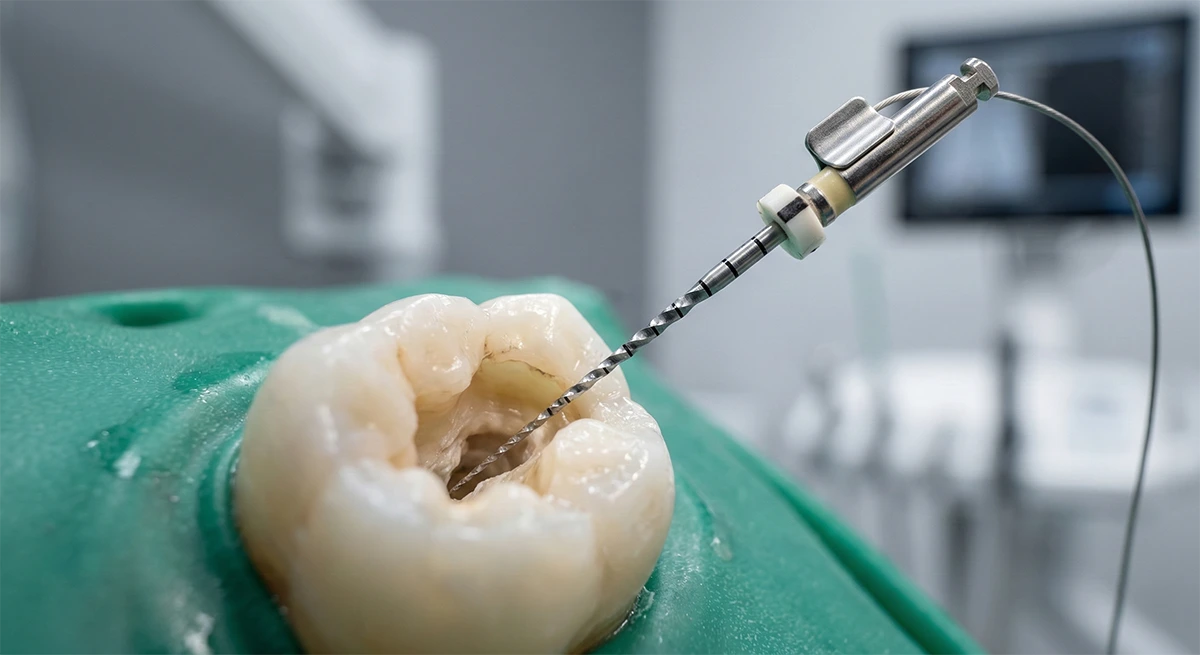 Advanced rotary endodontic instruments and electronic apex locator used for precision root canal cleaning.