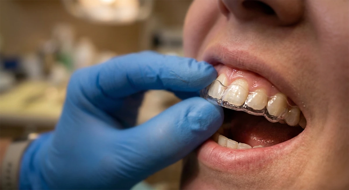 Dental clinician fitting Invisalign aligners for a patient.