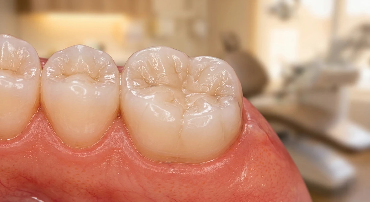 Precision shaping and polishing of white composite filling for an invisible, natural finish.