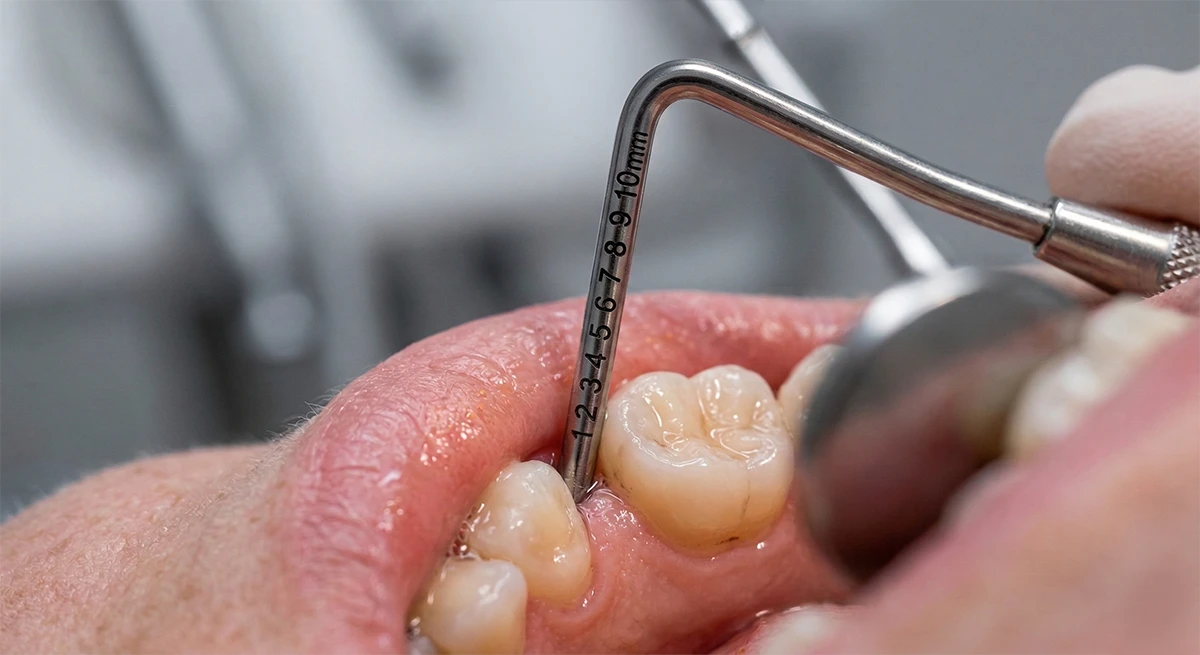 Calibrated periodontal probe showing millimeter markings used for precise gum pocket depth measurement.