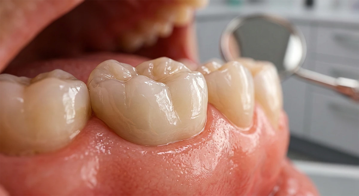 Final restoration showing a natural-looking dental crown protecting a root canal-treated tooth.