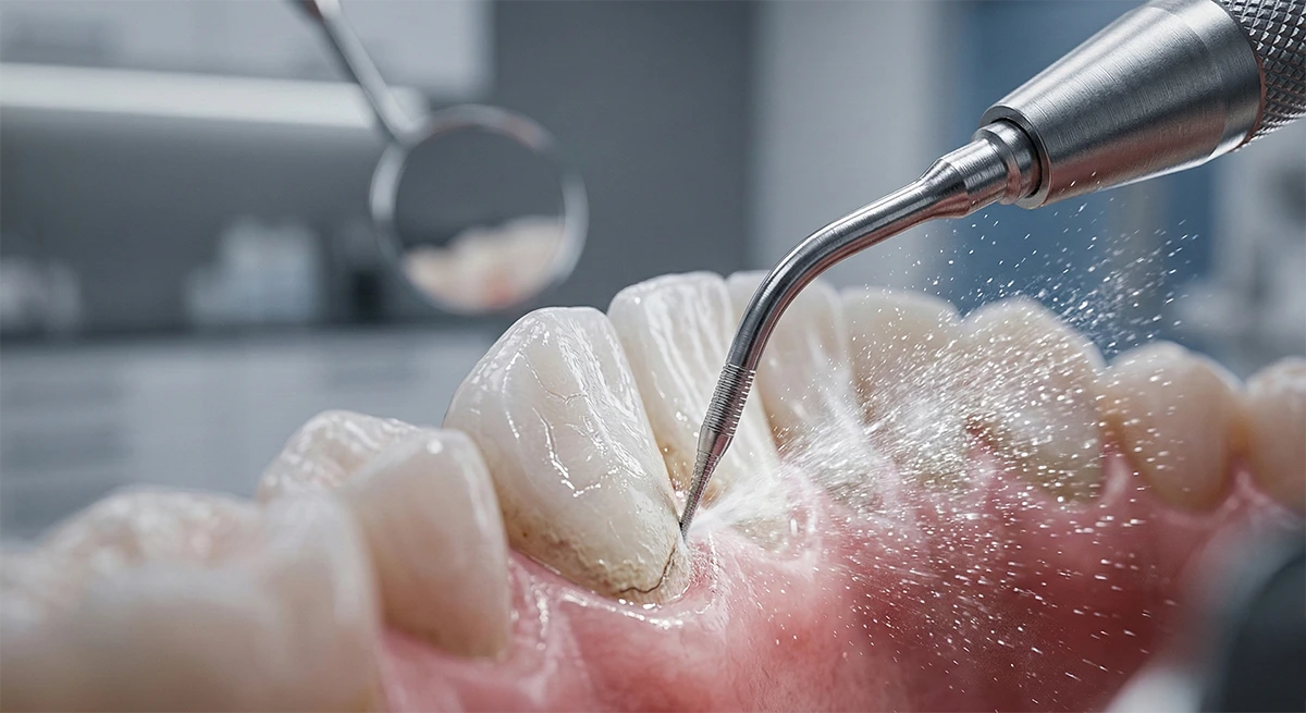 High-tech ultrasonic scaler used for precision subgingival calculus removal during periodontal therapy.