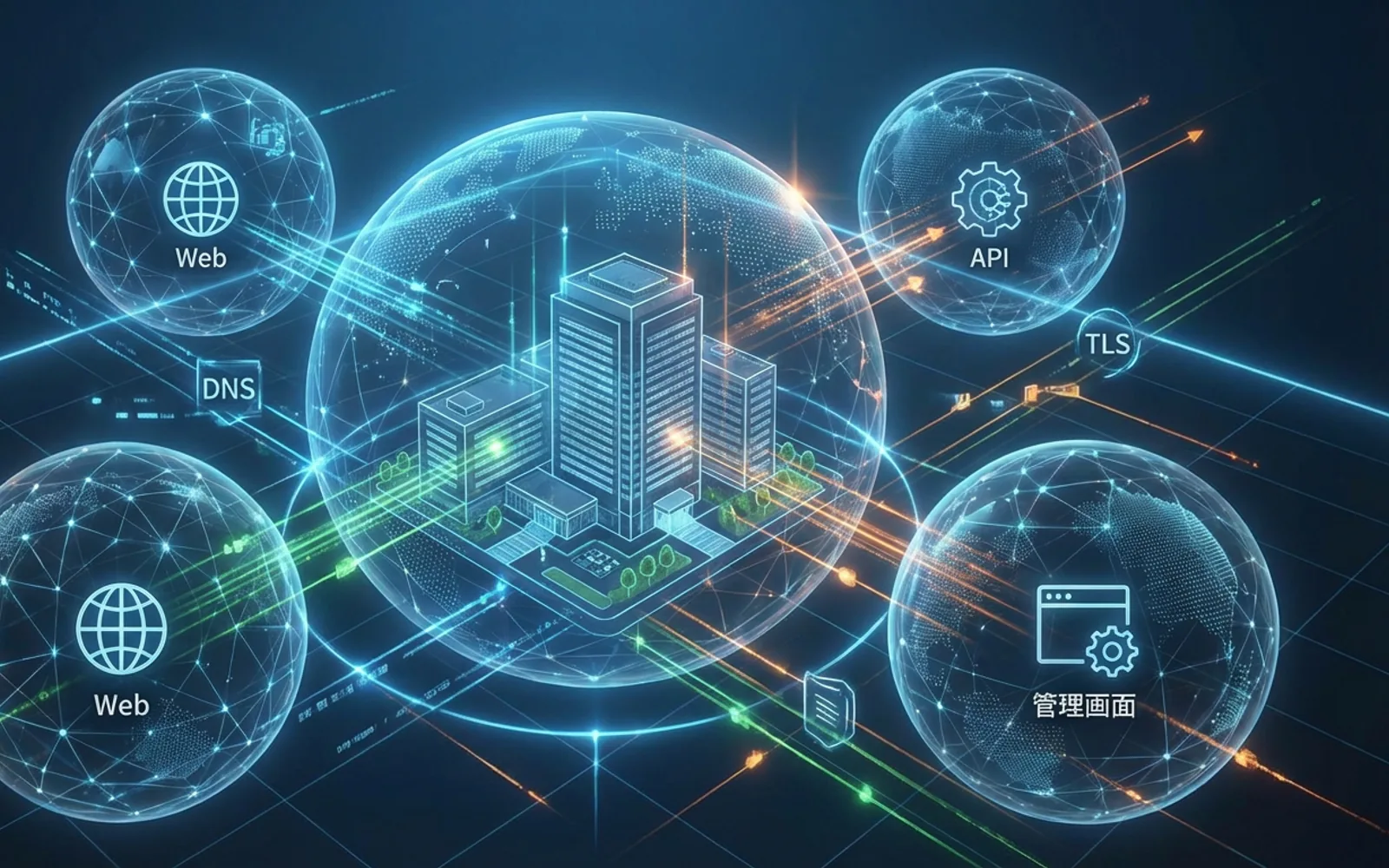 Web、DNS、TLS、管理画面、API など複数の公開面が一つの企業に接続している概念図