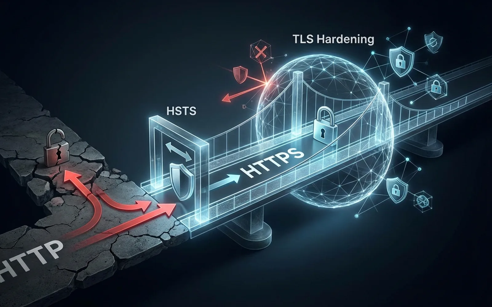HTTP から HTTPS へリダイレクトし、HSTS で以後の通信を HTTPS に固定している図