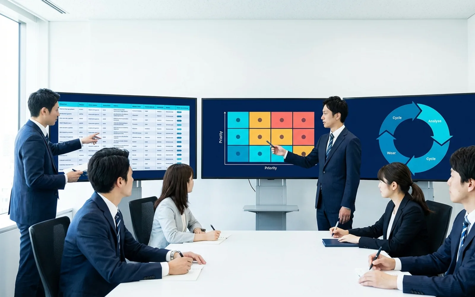 複数の外部公開資産と担当チームがネットワーク上でつながり、優先度を整理しているイメージ