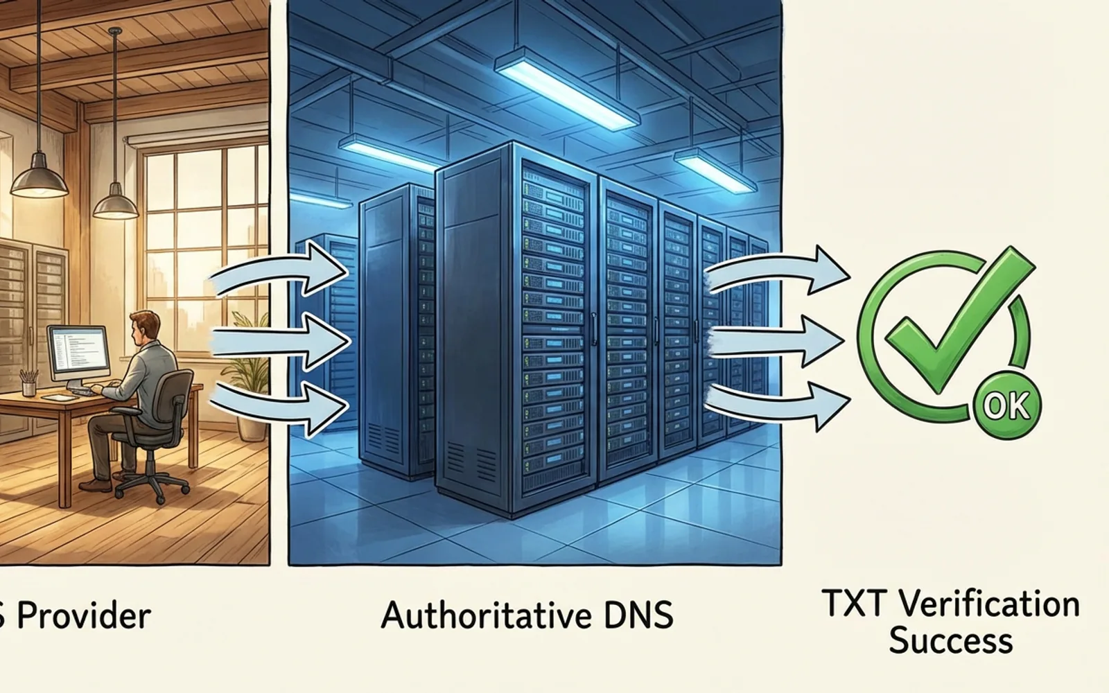 DNS provider へ TXT レコードを追加し、所有確認が完了する流れ図