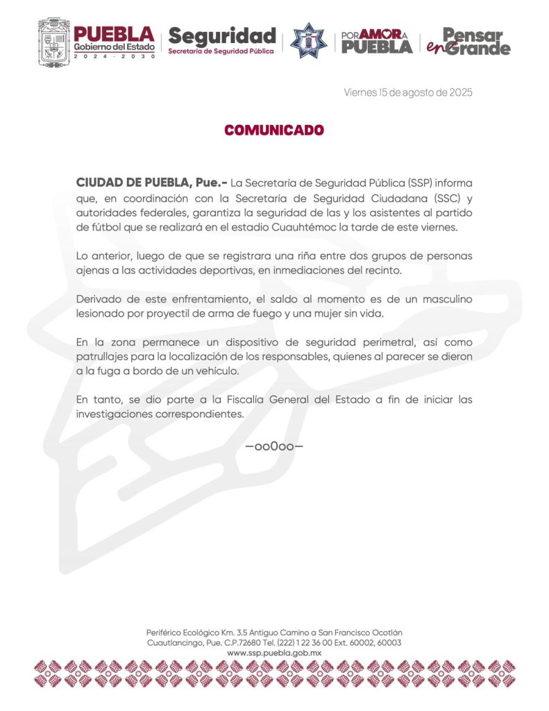 Reporta SSP, una mujer sin vida y un herido por el enfrentamiento de la 28 de octubre