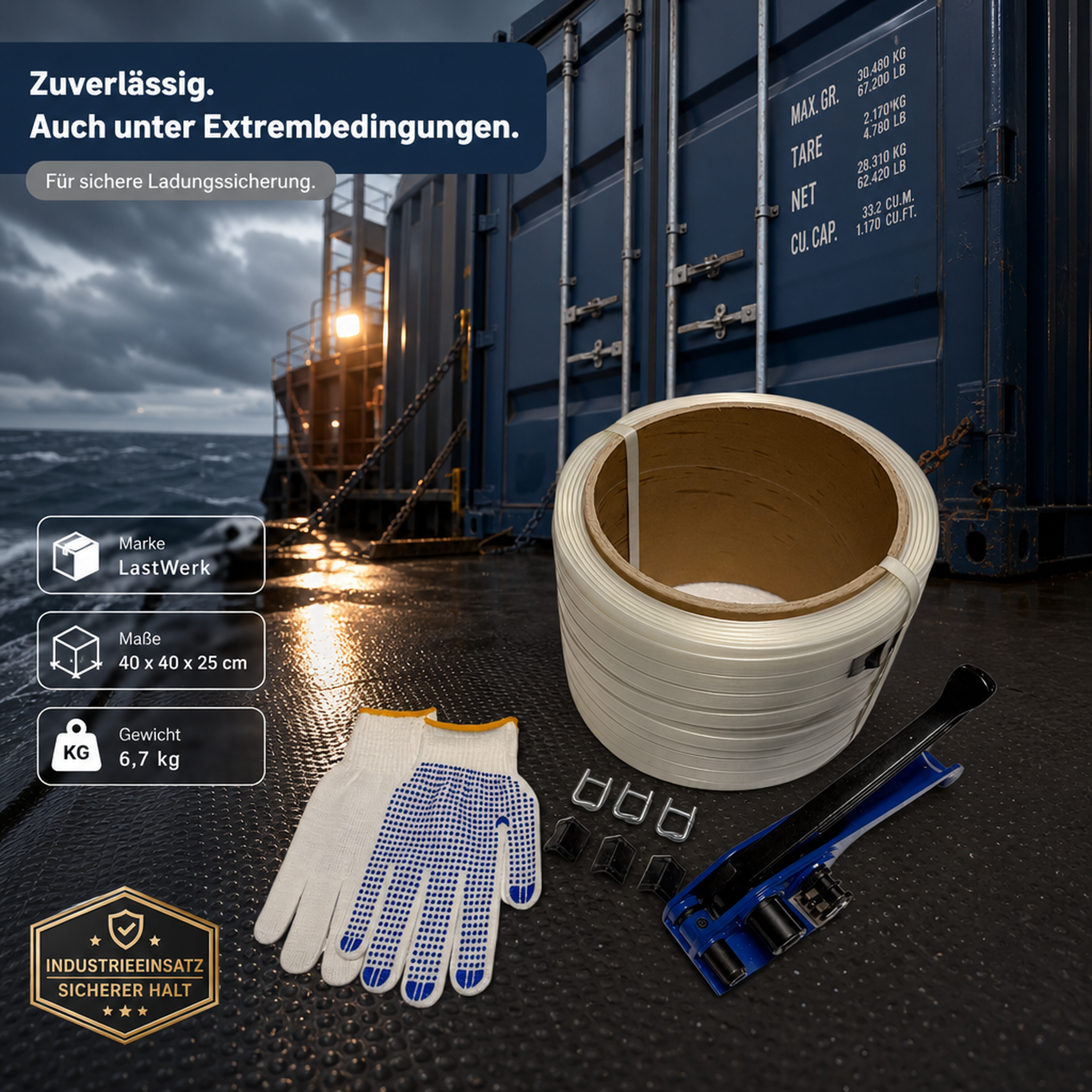 LastWerk Umreifungsset Set Zwei, 200m Polyesterband, 16mm breit, inklusive Spannwerkzeug aus Stahl, 100 Drahtschnallen, 30 Kantenschützer, Handschuhe, robust und vielseitig Bild 2