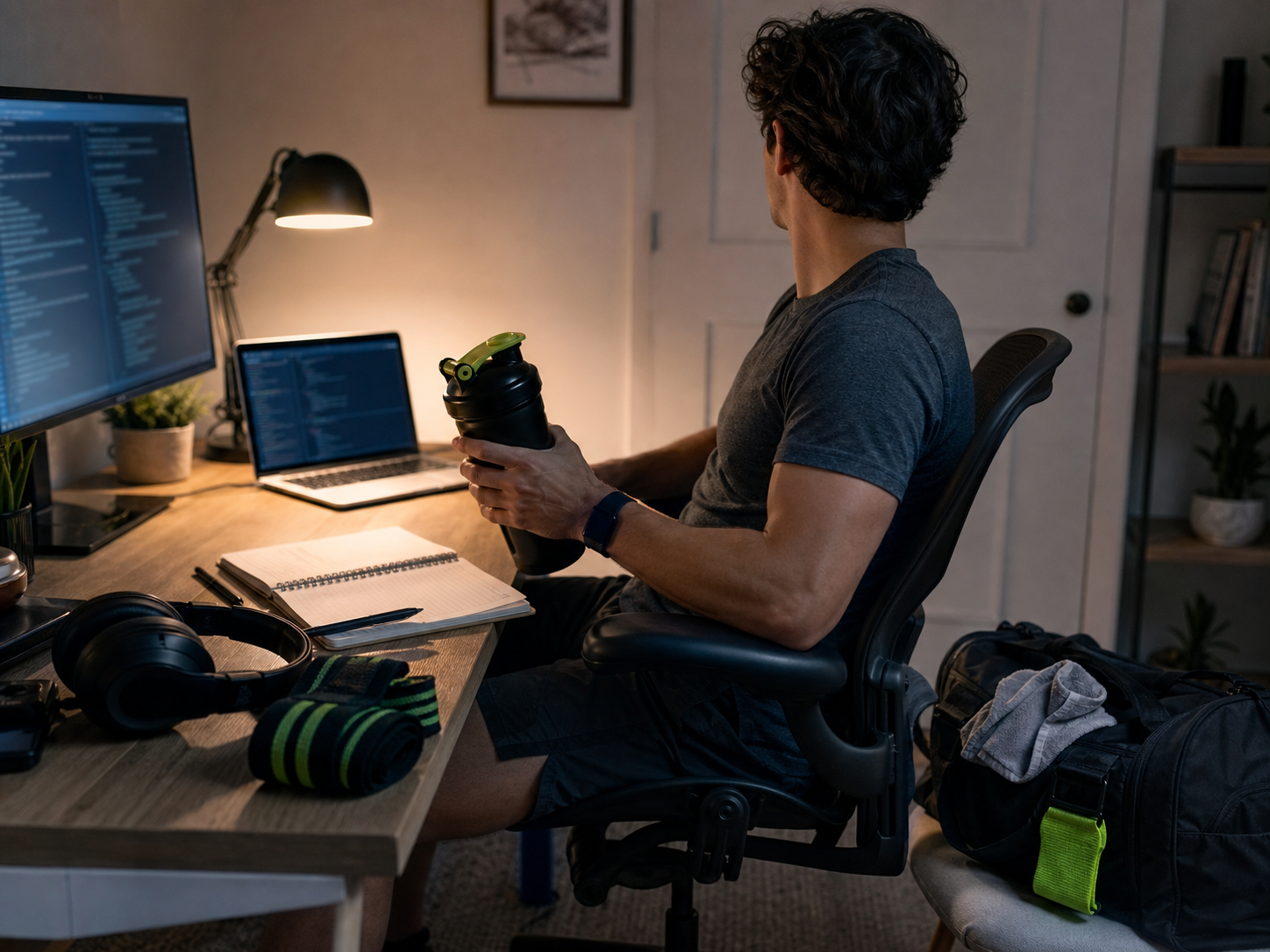 Developer desk before an evening workout