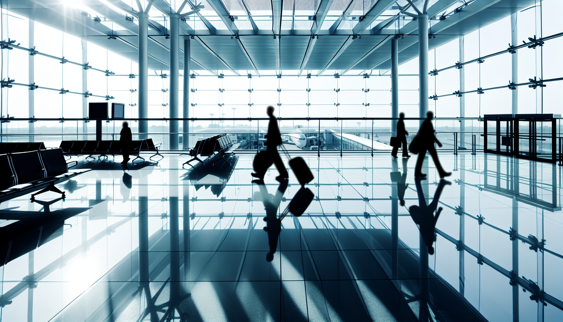 Modern airport terminal interior with travelers walking through bright corridors with large windows and contemporary architecture