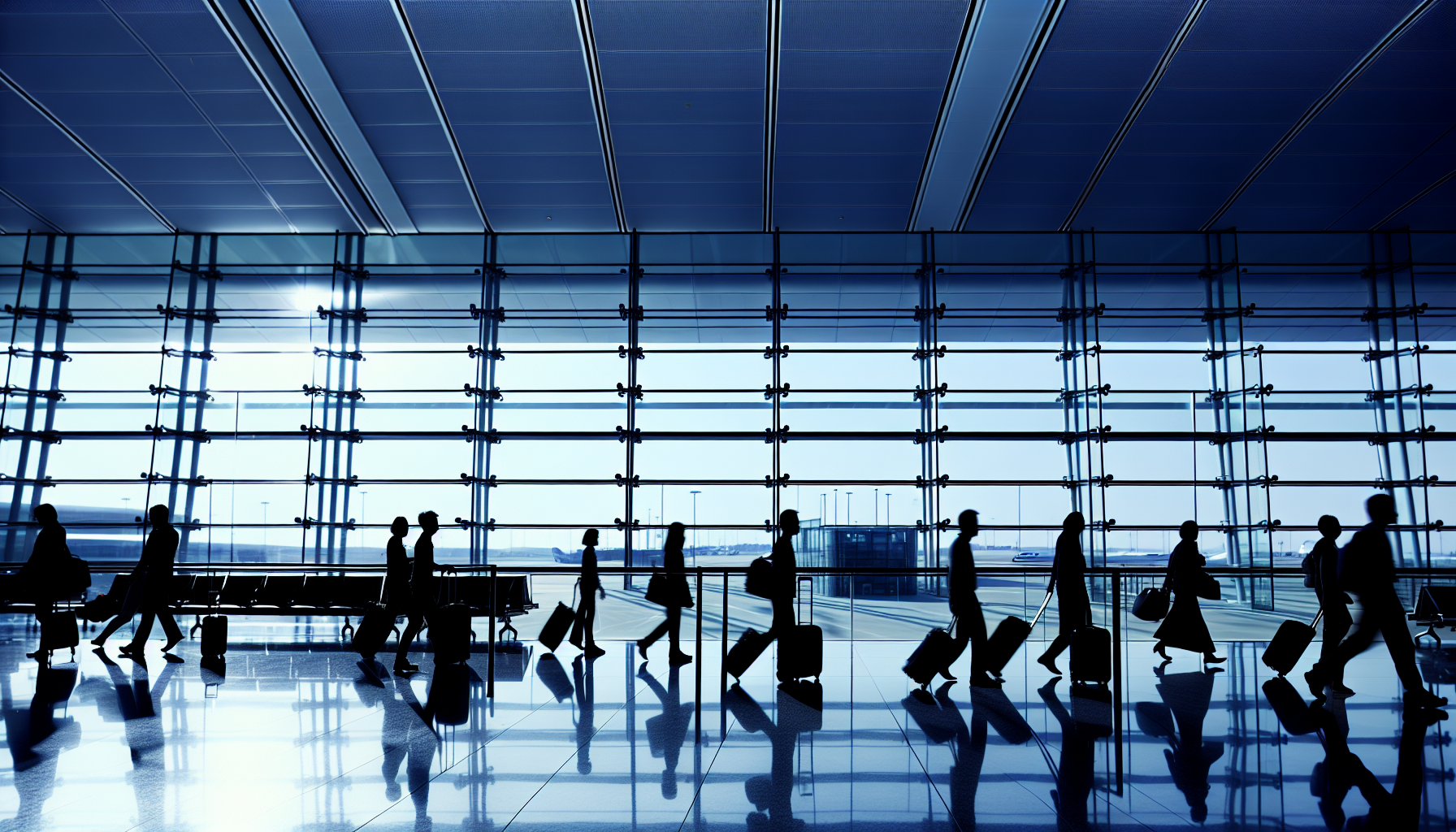 Modern airport departure terminal with travelers walking through bright glass corridors, representing the start of international travel