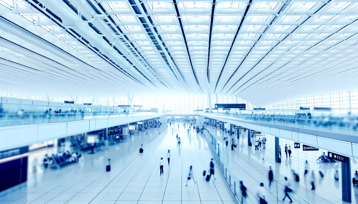 Modern airport terminal interior with travelers walking through a spacious departure area featuring contemporary glass architecture and natural lighting