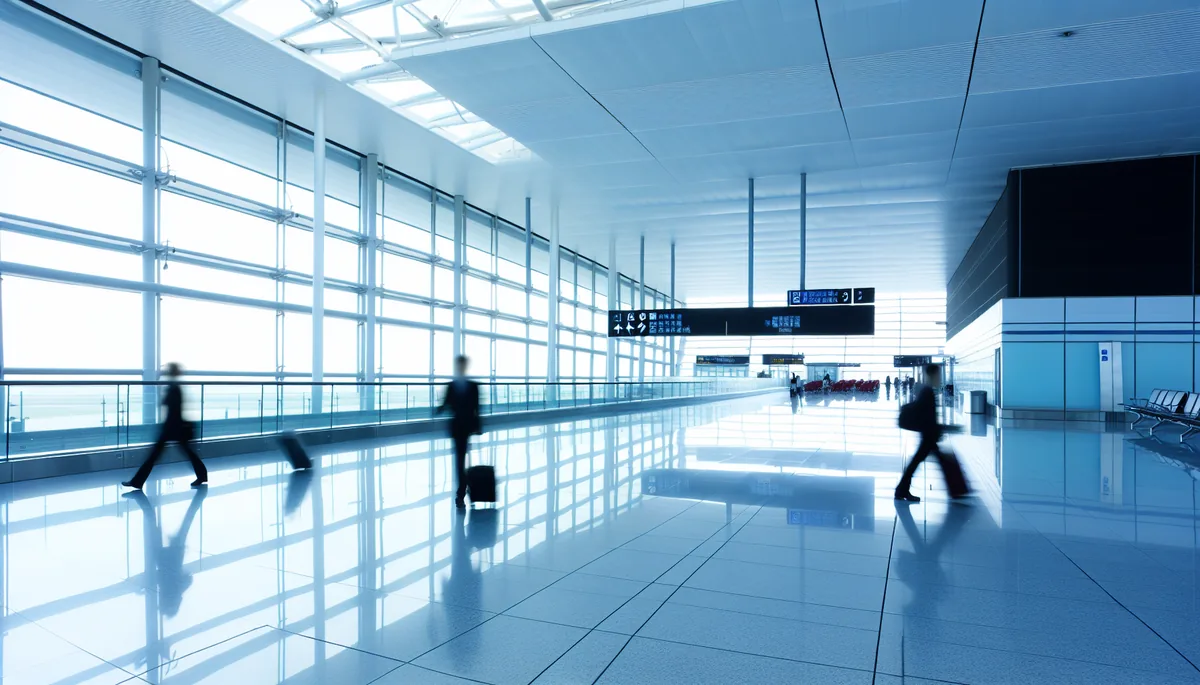 Modern airport terminal with travelers walking through a bright corridor with large windows, representing international travel preparation