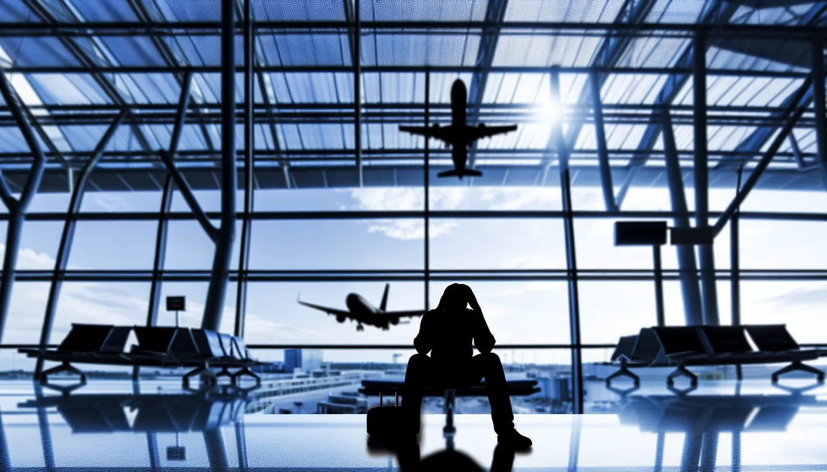 Silhouette of a traveler sitting in an airport terminal with planes visible through large windows, conveying the travel preparation experience