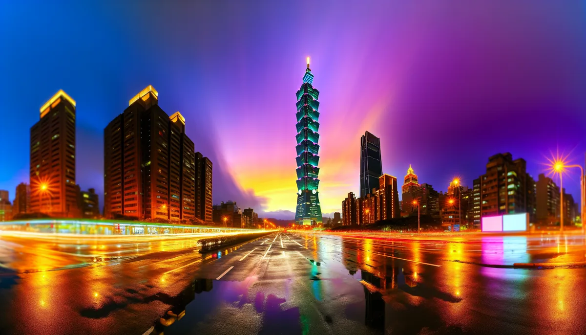 Taipei 101 skyscraper illuminated against a twilight sky with city lights below in Taiwan