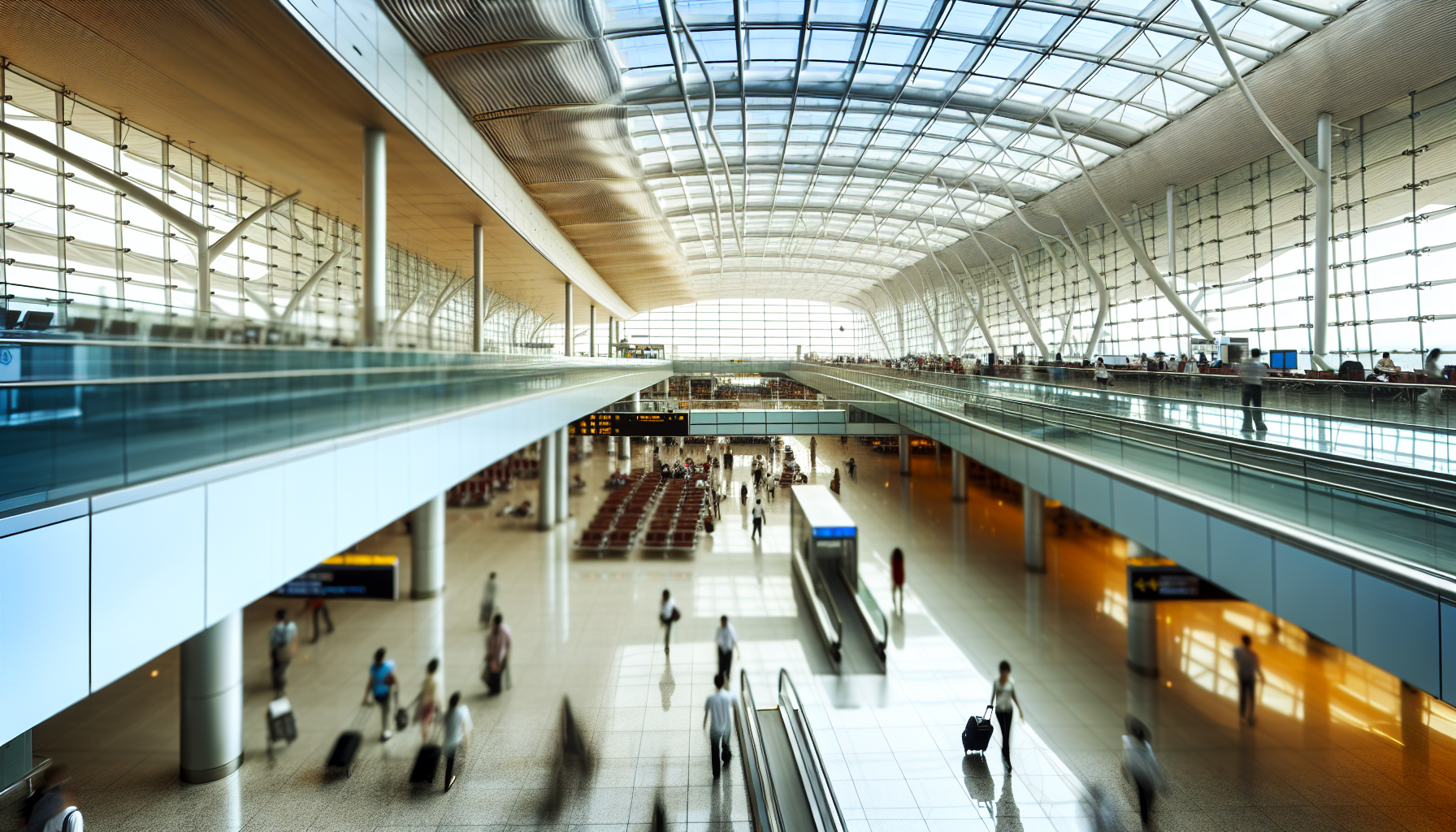 Modern international airport terminal with travelers walking through bright glass corridors, representing seamless travel connectivity