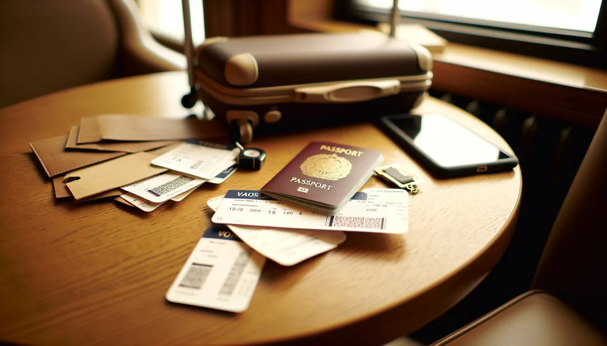 European passport and travel documents arranged on a wooden table with soft natural lighting, suggesting international travel preparation