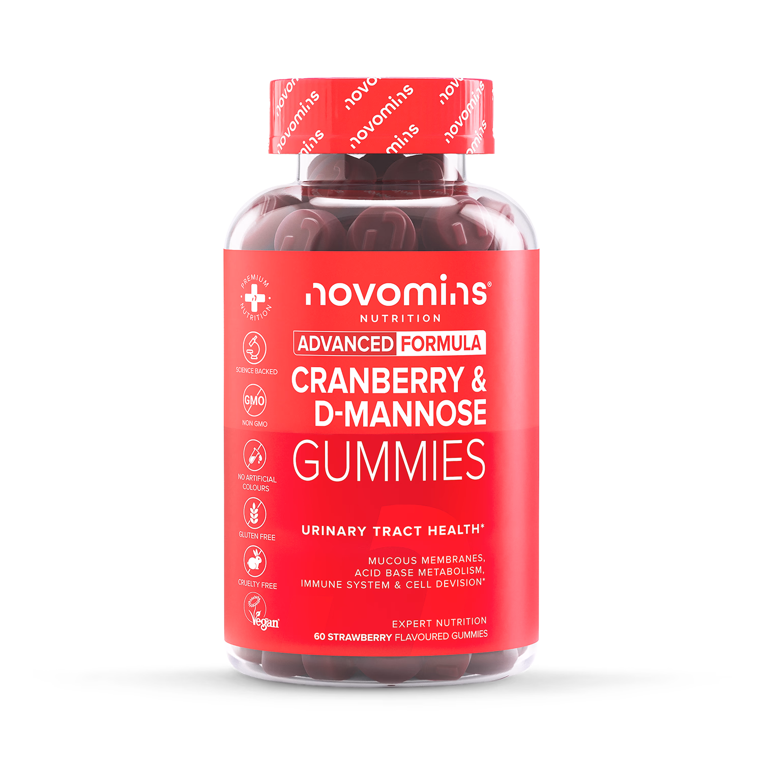 Novomins Cranberry D-Mannose Strawberry Flavoured Gummies 60 count