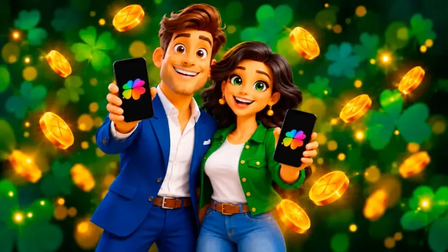 Two McLuck characters smiling and holding up phones showing the McLuck app