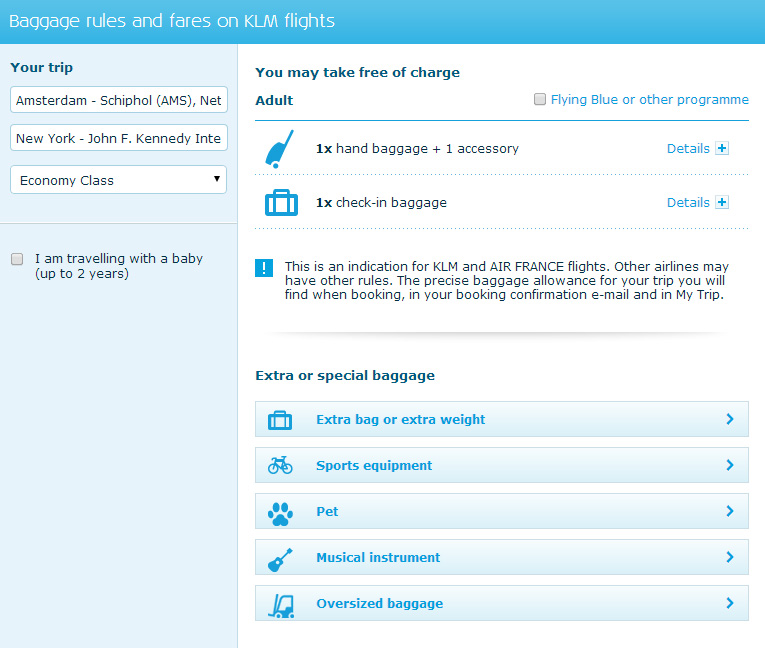 klm special baggage fees