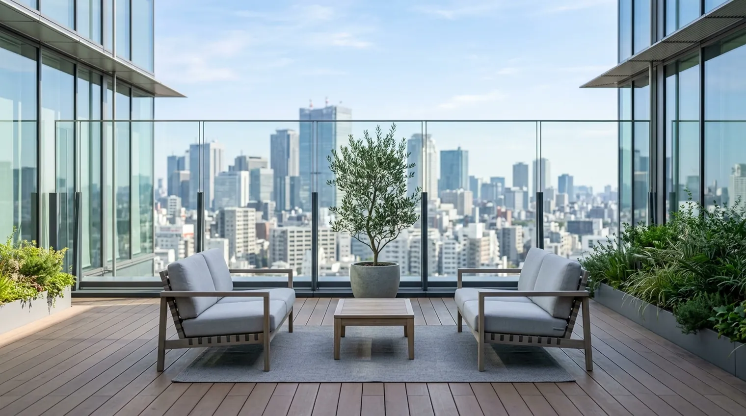 明るい日中のオフィスビル屋上テラス。ウッドデッキに向かい合う2脚のラウンジチェアとローテーブル、オリーブの鉢植えが置かれ、ガラスの手すりの先にビル街が広がる。人の姿はない