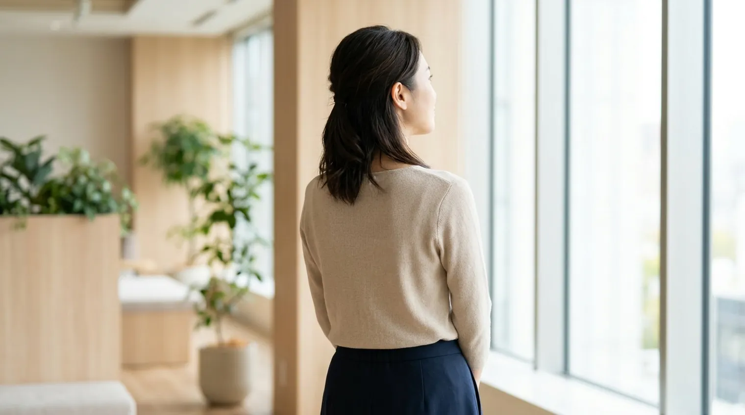明るいオフィスラウンジの窓際に立ち、外の光の方へ視線を向ける女性の後ろ姿