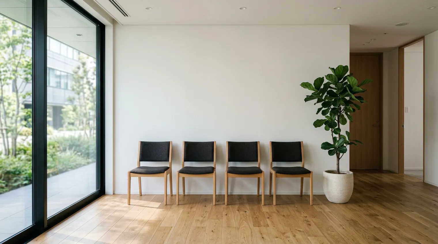 朝の光が差し込む静かな待合室。白い壁沿いに4脚の椅子が並び、奥に観葉植物が置かれ、人の姿はない