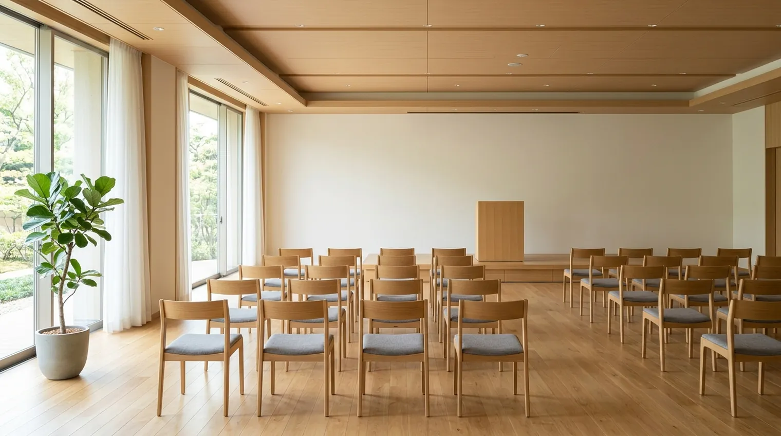 開始前のセミナールーム。木の椅子が客席に並び、前方の壇上に演台が置かれ、人の姿はない