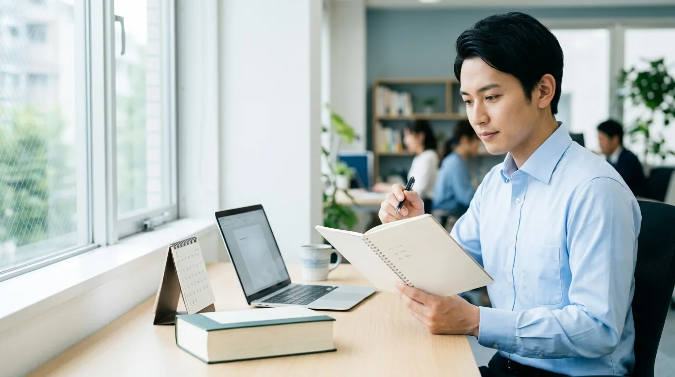オフィスで次に学ぶ資格の候補を書き出して比べている会社員