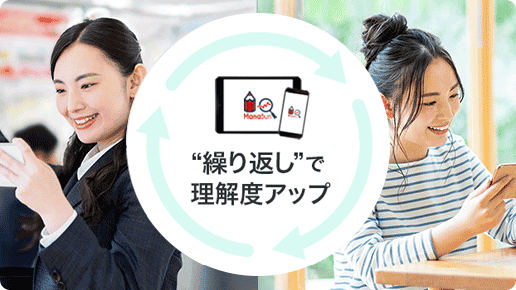 「“繰り返し”で理解度アップ」と書かれた、スマートフォンとタブレットで学習する2人のイメージ