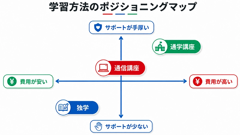 独学・通学講座・通信講座の費用感とサポートの手厚さを示す図解