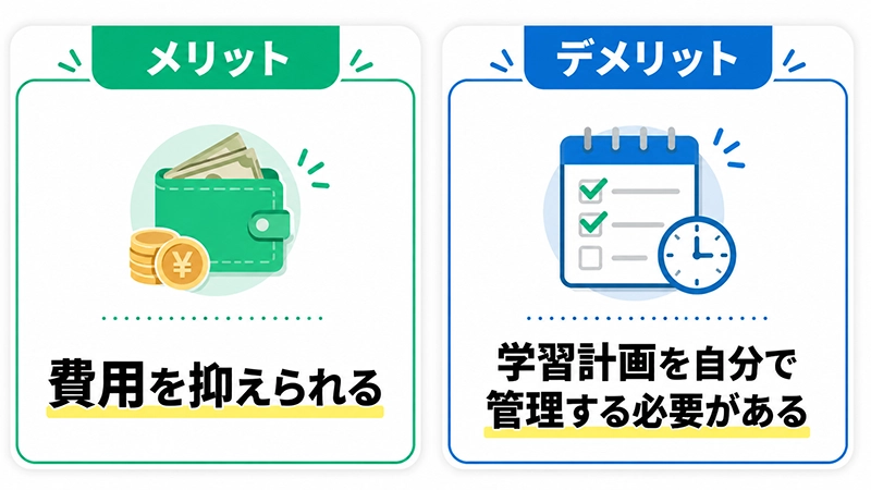 独学のメリットとデメリットを対比する図解