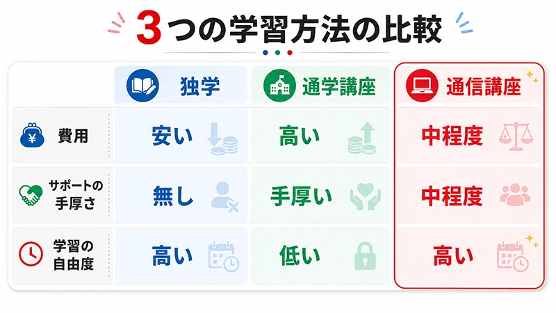 独学・通学講座・通信講座の3つの学習方法を比較する図解