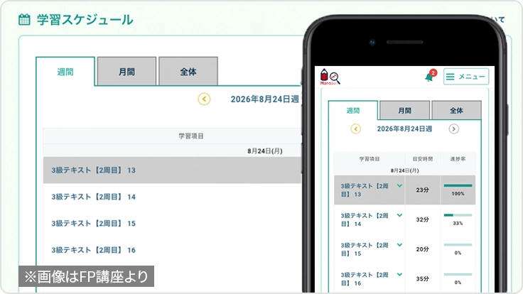 週間・月間・全体のタブで学習項目と進捗率を表示するManaBunの学習スケジュール画面（※画像はFP講座の画面）