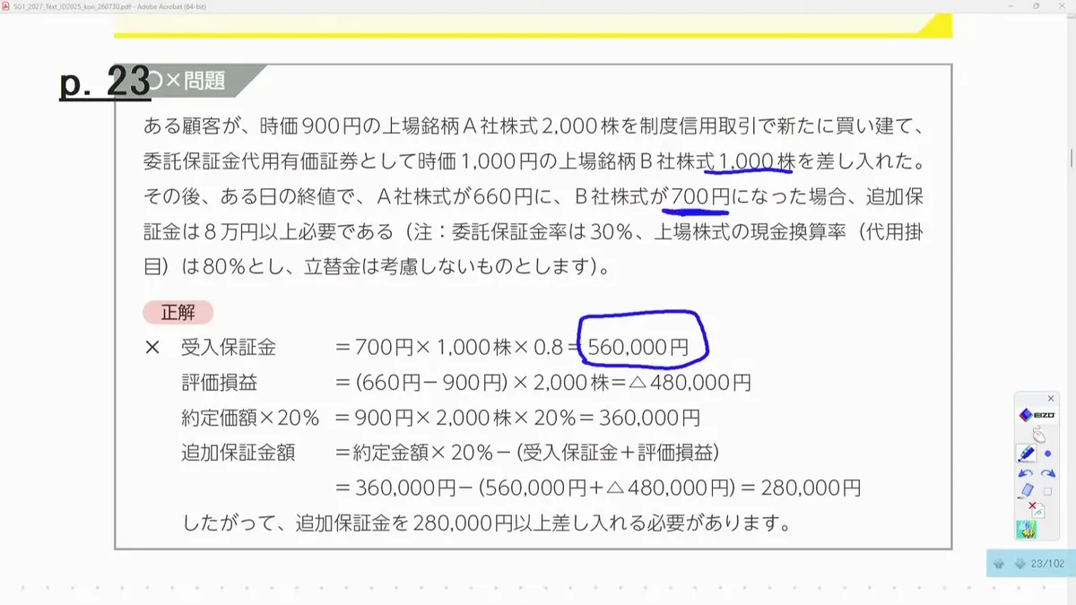 追加保証金の〇✕問題と正解(追加保証金280,000円)